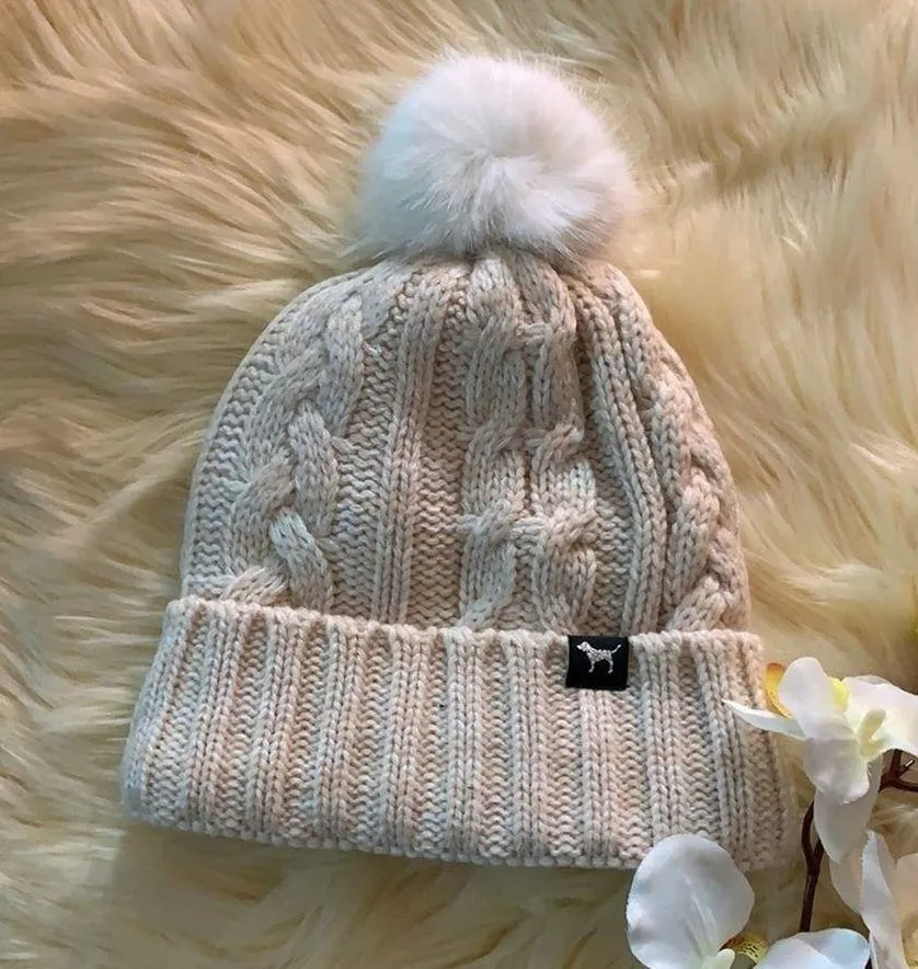 Pink By Victoria Secret Fleece Lined Winter Pom Pom Hat Tan - Image 10