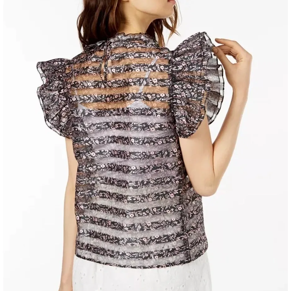Jill Stuart Top XS Black Sheer Ruffle Sleeve Floral Mesh Blouse Romantic Chic - Image 3
