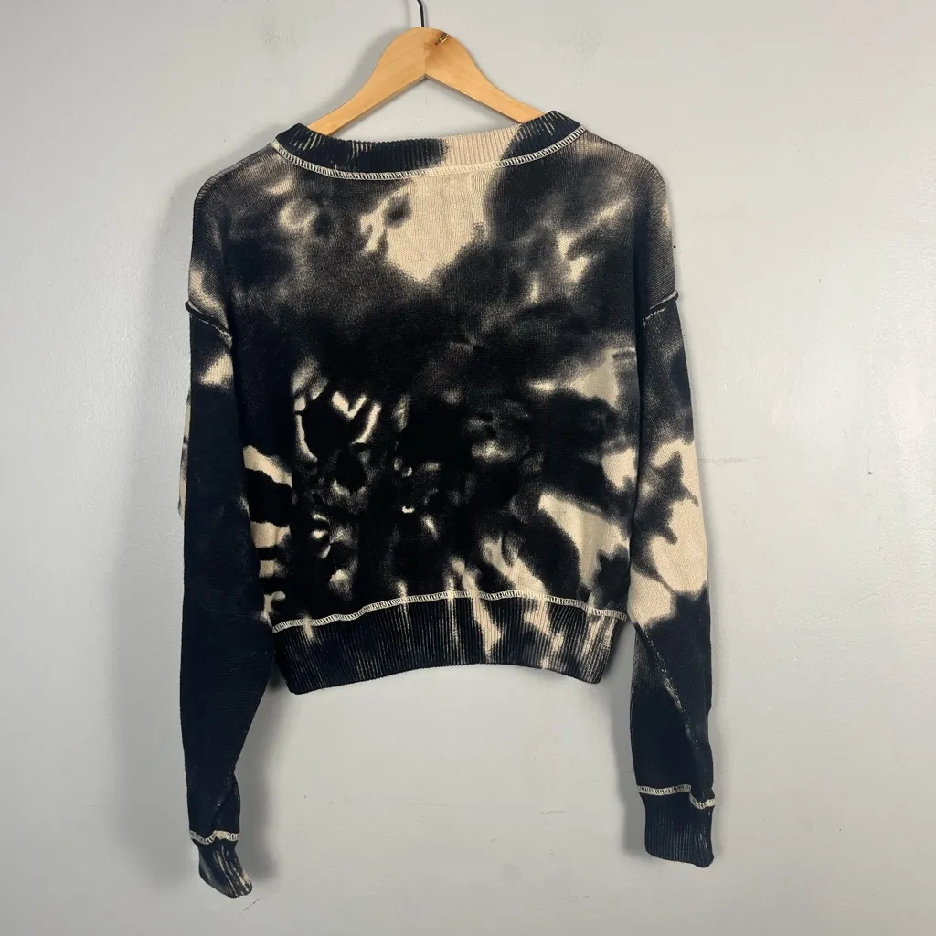 Natural Life Tie Dye Black Cream Cotton Knit Sweater Cropped Sz L Boho, hippie - Image 3