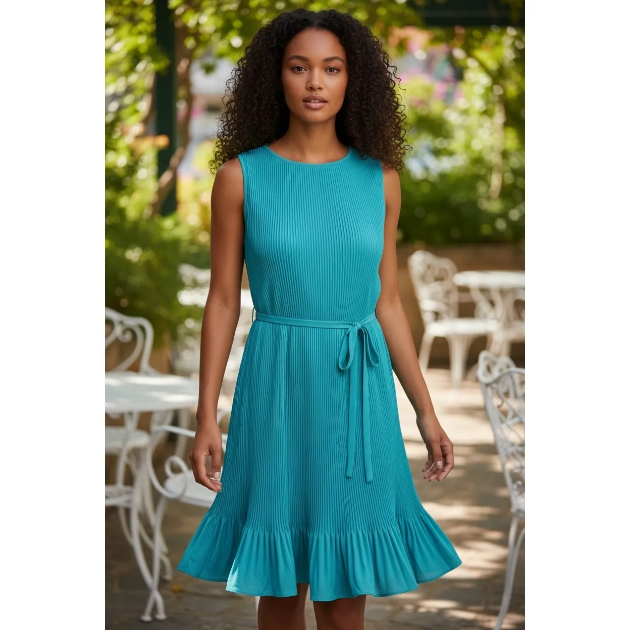 Banana Republic Teal Pleated Midi Dress Belted Sleeveless Women's XS garden core - Image 6
