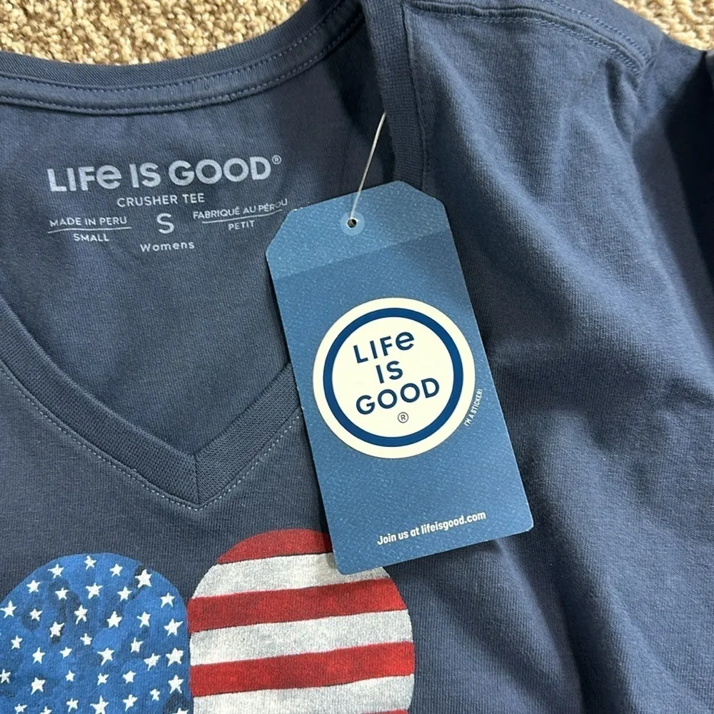 Life is Good | Life is Good Crusher V-neck Heart Watercolor Flag T-shirt - Image 5