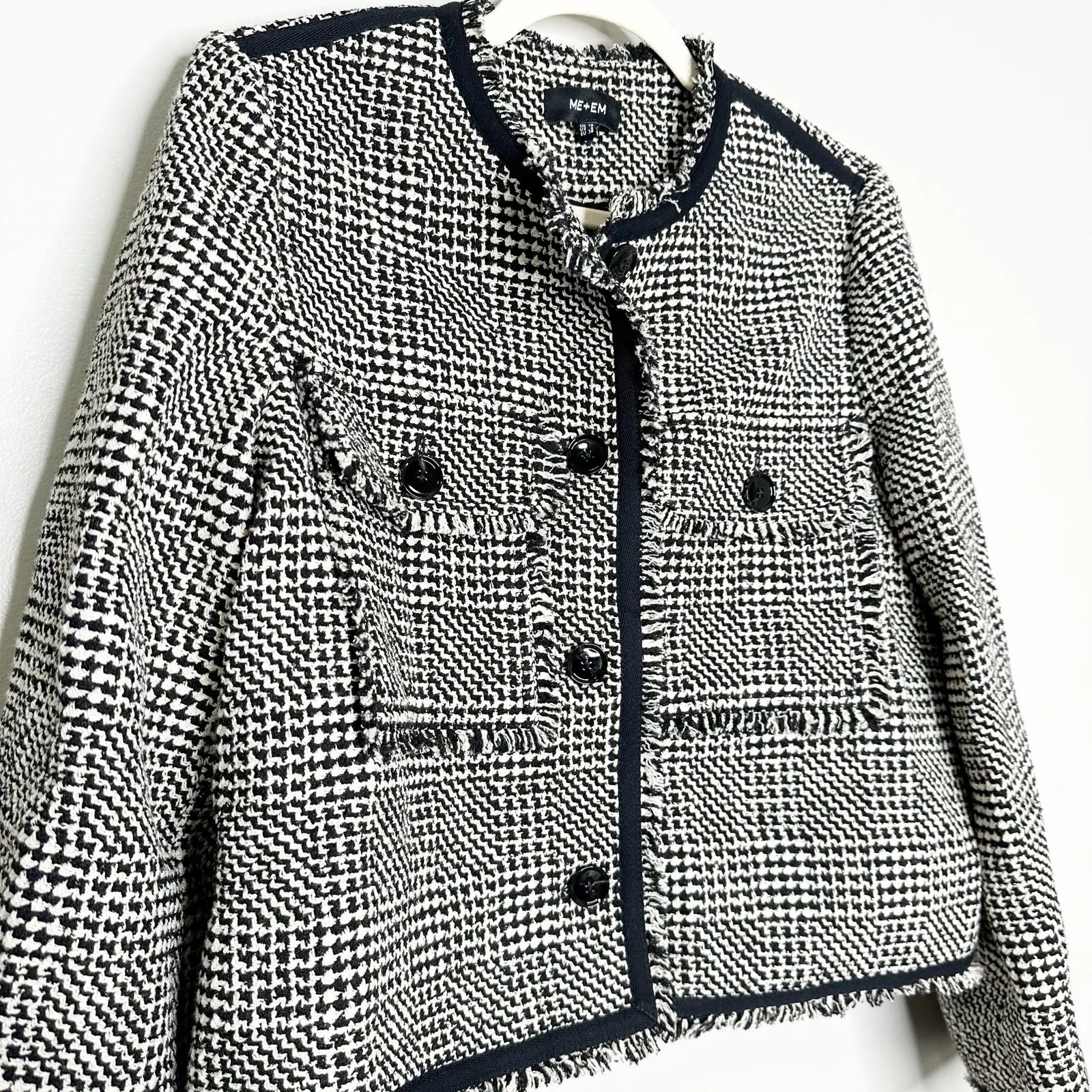 ME+EM Textured Swing Jacket Black White Tweed Cotton Wool Blend Fringe Trim 6 - Image 5