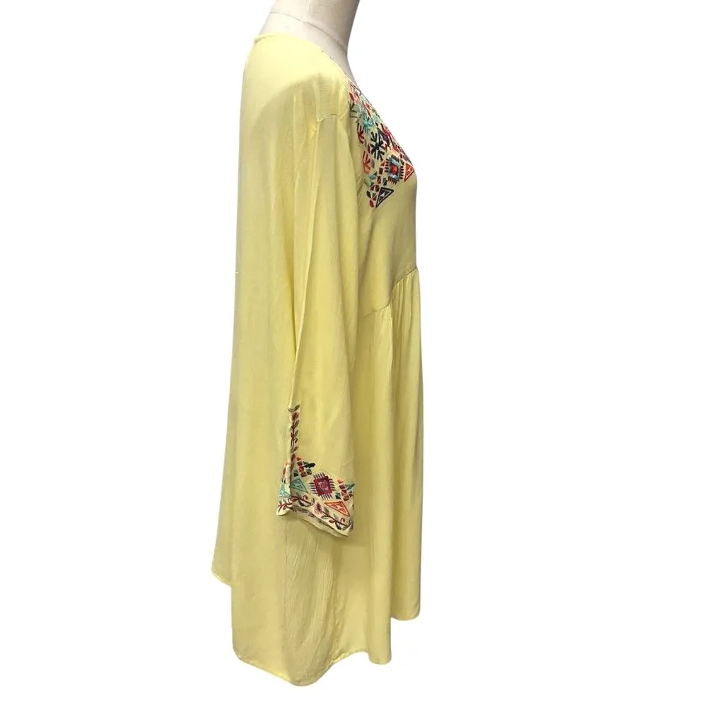 Parsley & Sage Embroidered Bell Sleeve Peasant Dress Sz L Yellow Floral Folk Art Size L - Image 3