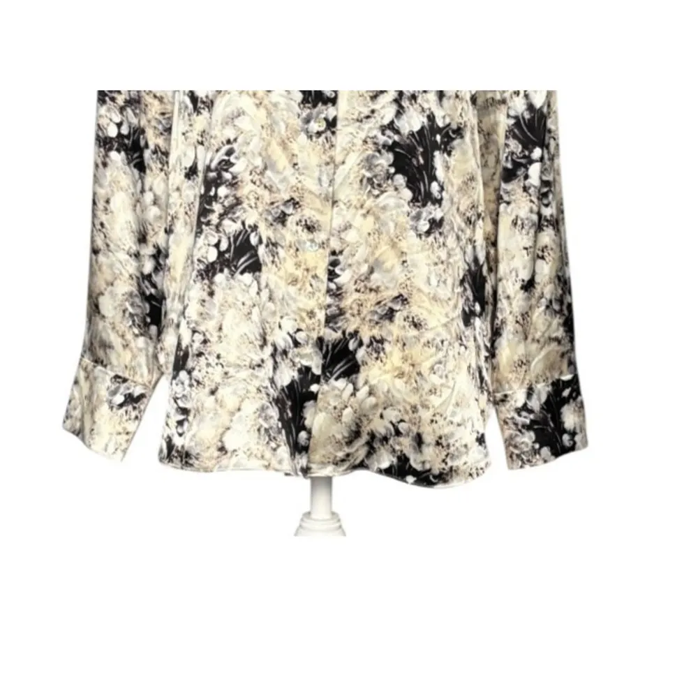 Vince Painted Crema Blouse Silk Size Medium Floral Black Cream Quiet Luxury - Image 5