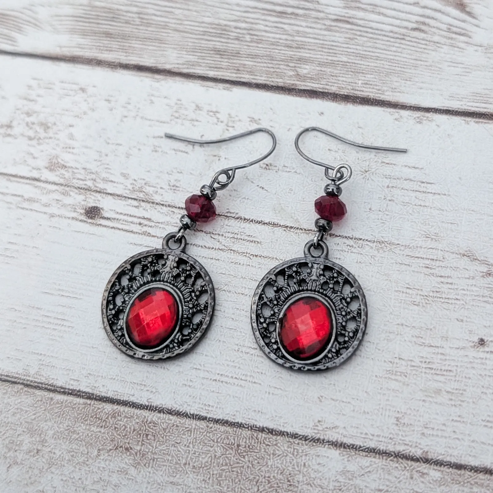 Vintage Stud Earrings Dark Metal & Red Dangle - Image 2