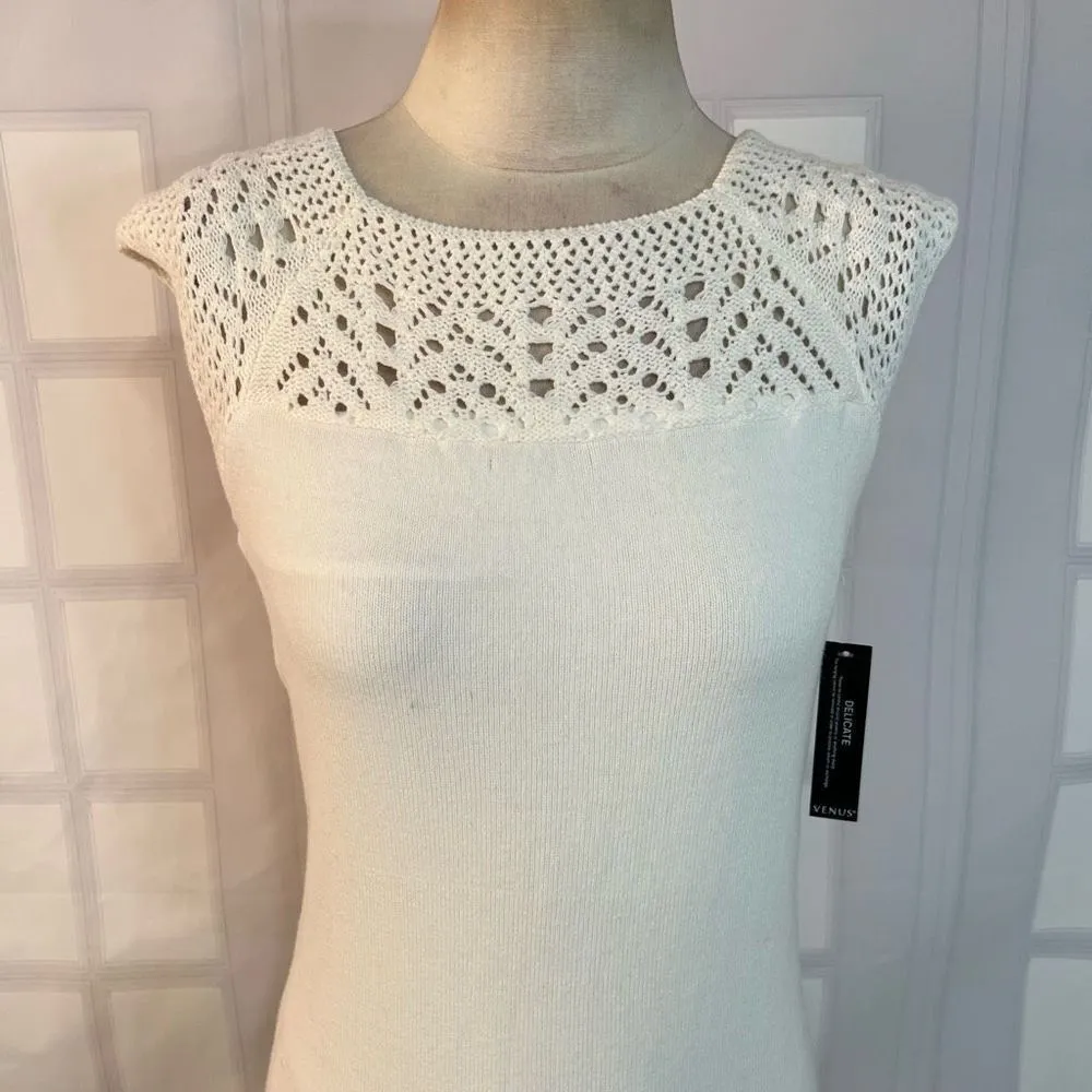 Venus White Sleeveless Crochet Top White Knit Sweater Dress Size M - Image 2