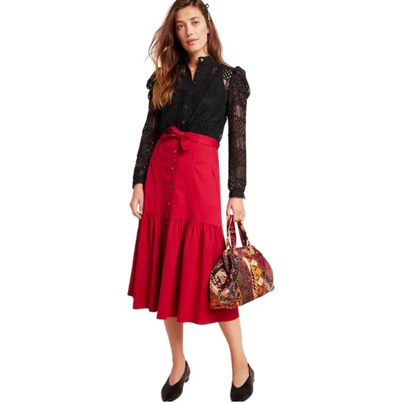 ANTHROPOLOGIE AMADI Aisha 100% Cotton Flounced Midi Skirt Red US 4 - Image 13