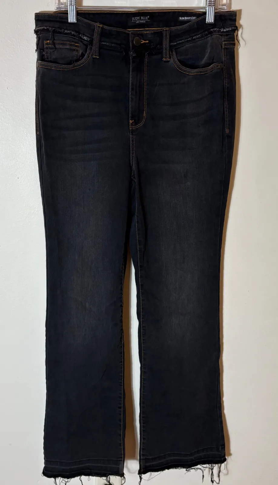 Judy Blue Slim Bootcut Jeans Faded Washed Black Distressed Hem Size 13/31 - Image 1