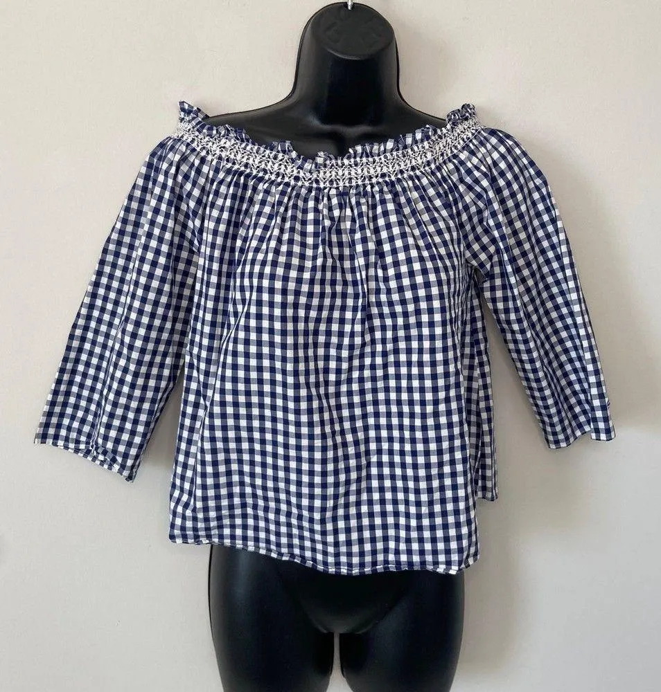Madewell Blue Checkered Gingham Smocked Neck Off Shoulder Blouse Sz XXS - Image 3