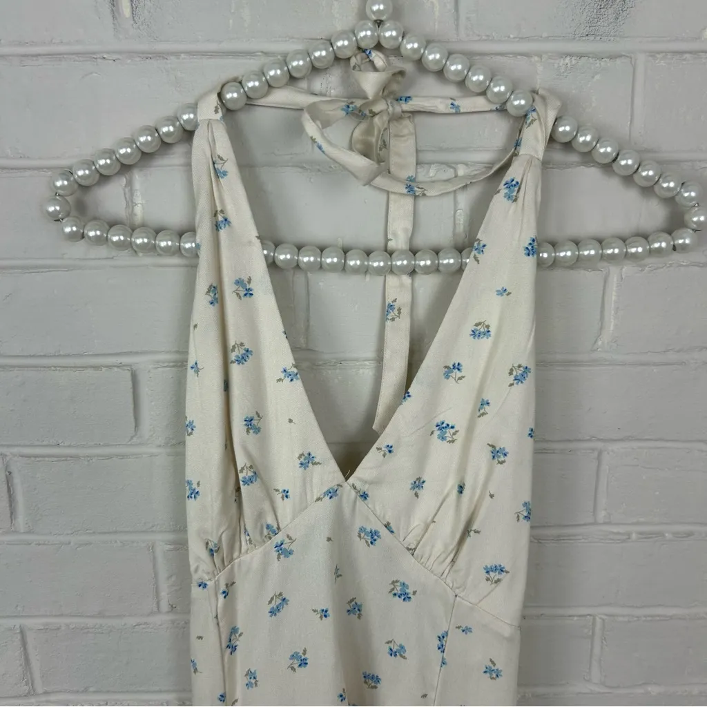 Cotton On Cream Blue Floral Halter Neck Dress Size US 6 - Image 3