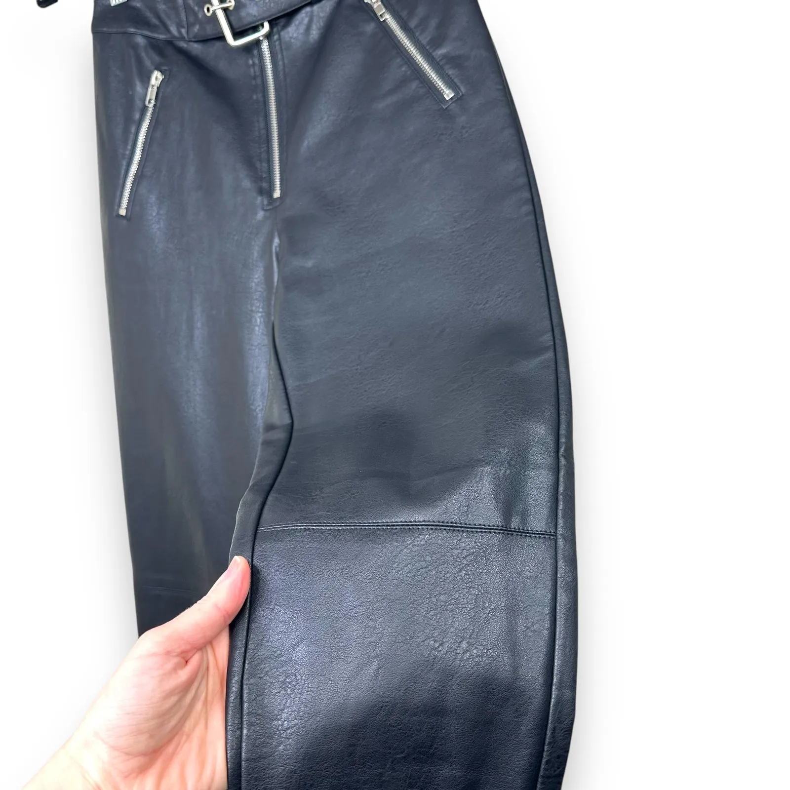 Danielle Guizio Black Ultra High Waisted Faux Leather Belted Skinny Pants Small - Image 8