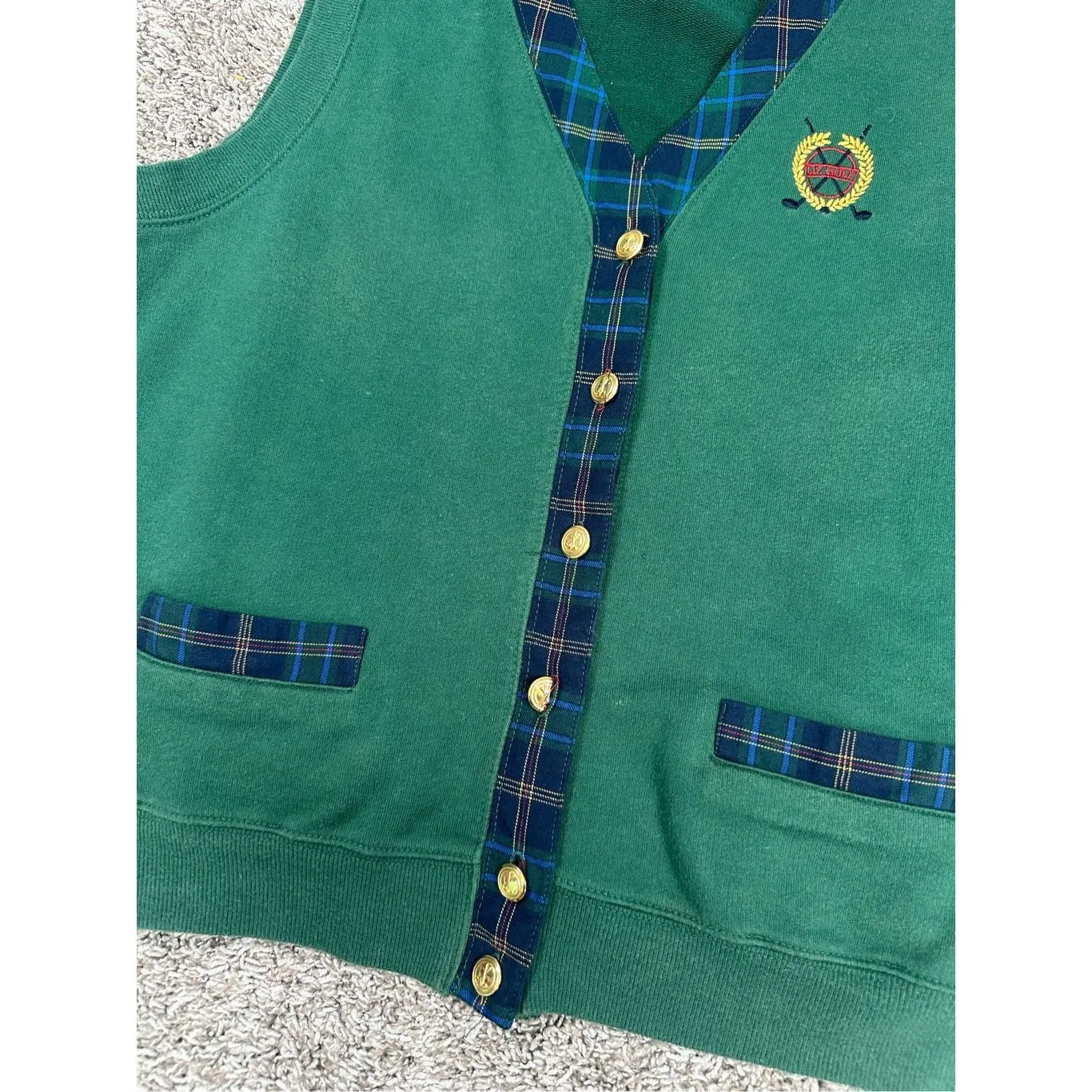 Vtg Lizsport Golf Preppy Tennis Sweater Vest V Neck Button Up Plaid Green/Blue L - Image 5