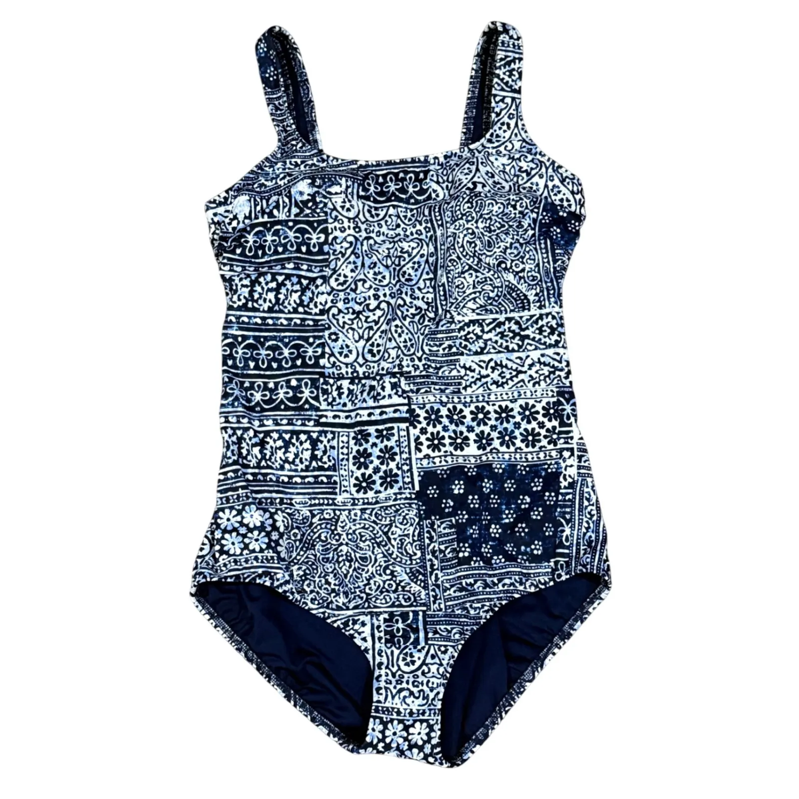 Lands' End Women's Swimsuit Blue White Patchwork One Piece Size 12 - Image 3
