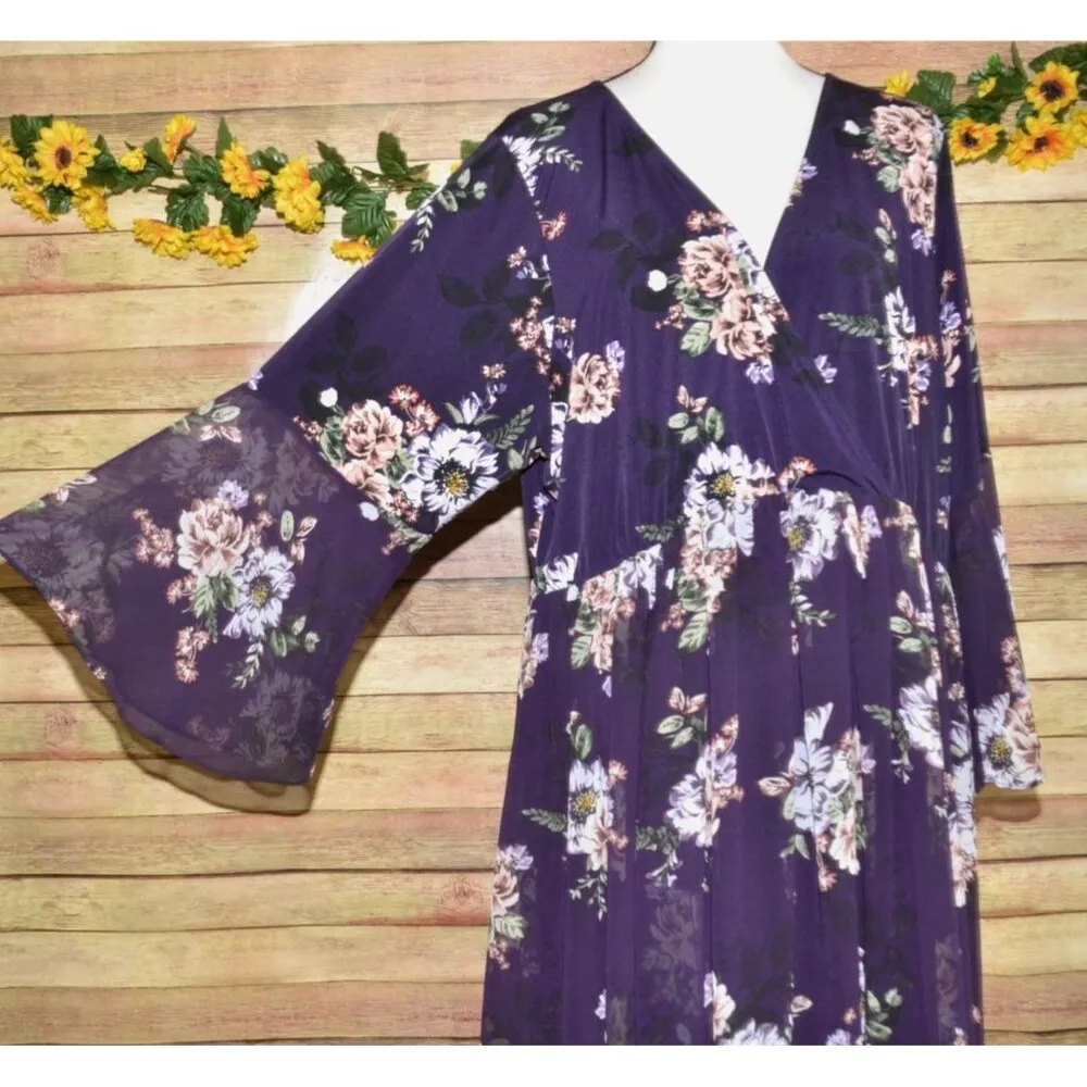 Torrid Purple Floral V-Neck Wrap Look Midi Dress Plus Size 4X Long Bell Sleeves - Image 4