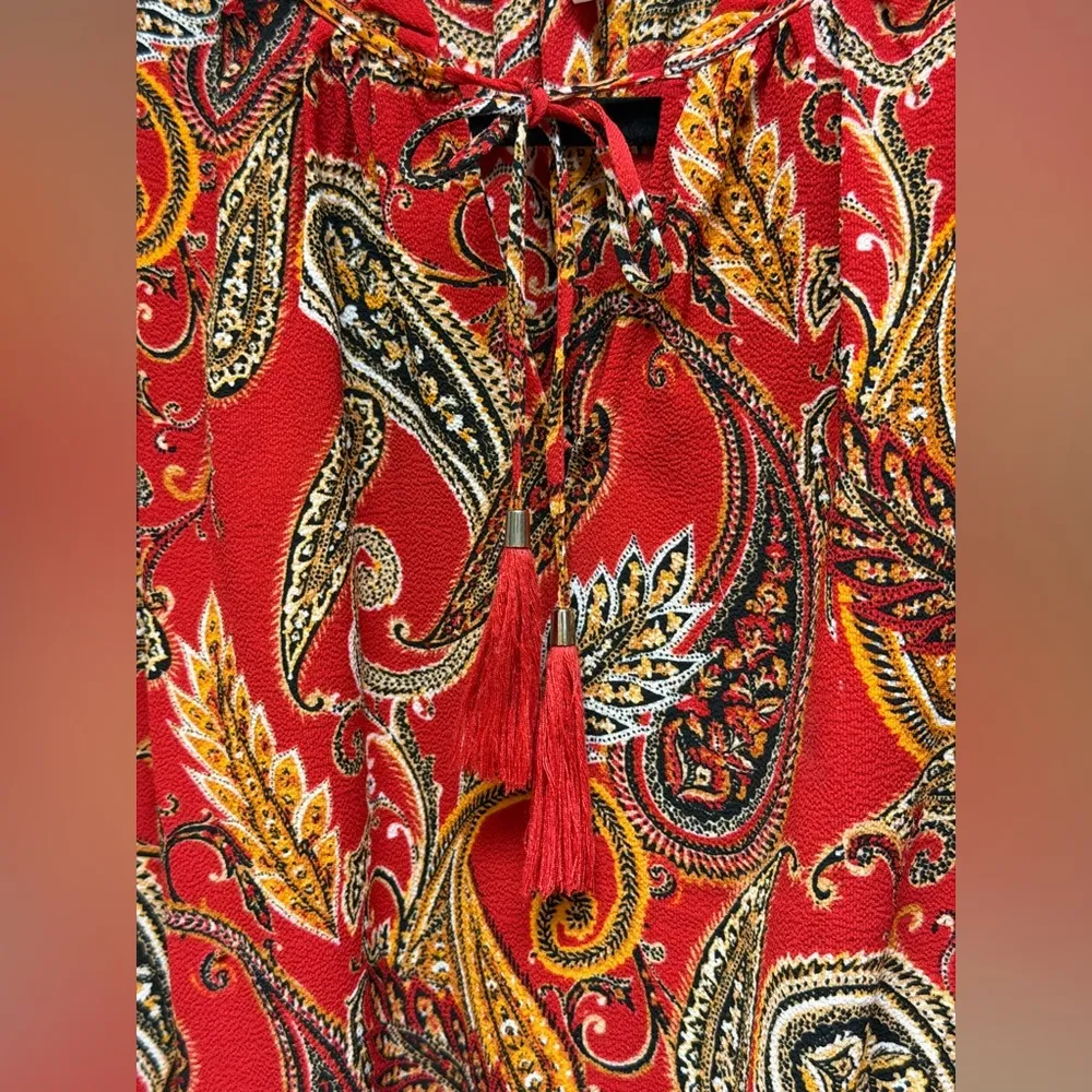 Rose + Olive Red Paisley Tassel Blouse Smocked Hem Size Small - Image 7