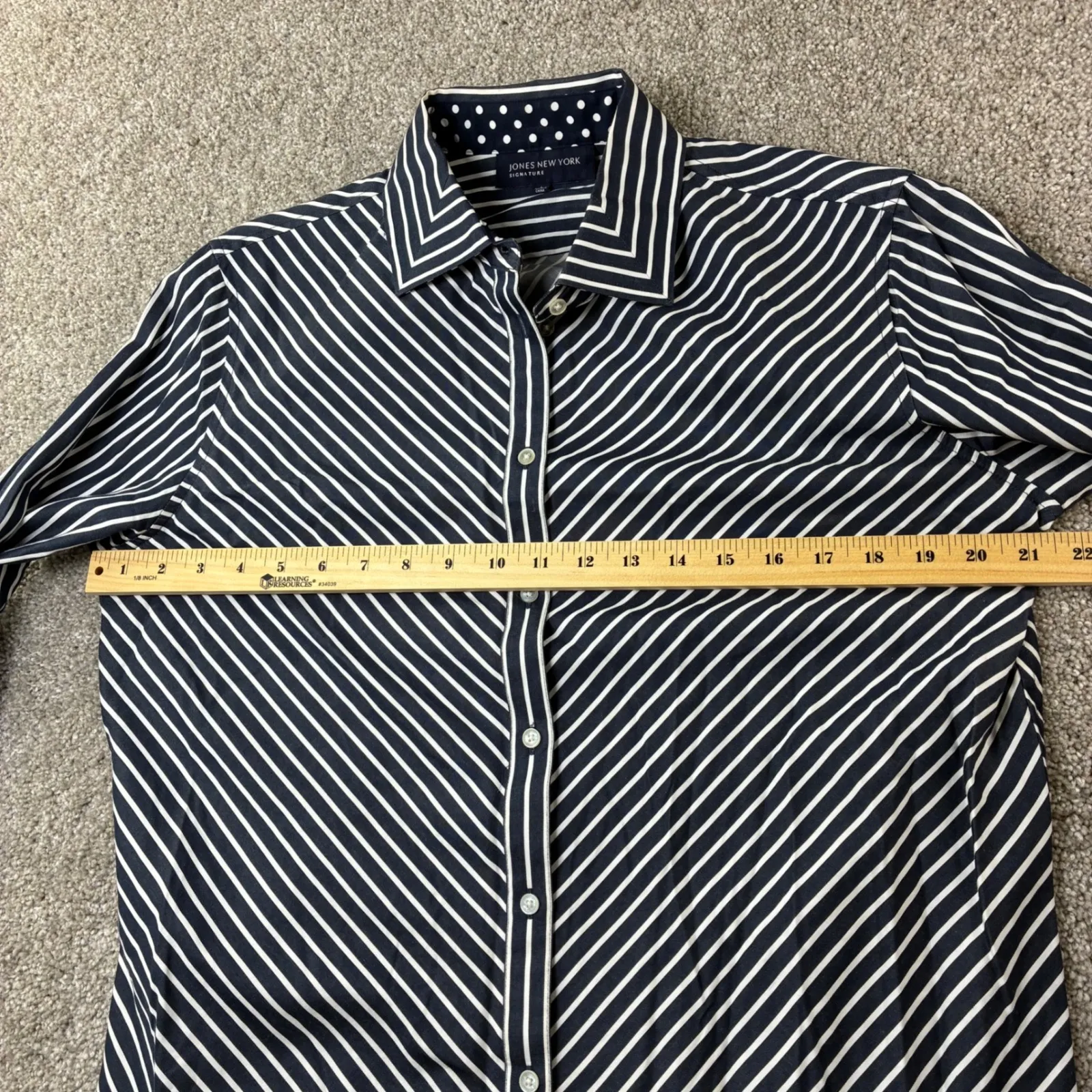 Jones‎ New York Signature Womens L Striped Button Up Shirt Contrast Cuff Stretch Blue Size L - Image 5