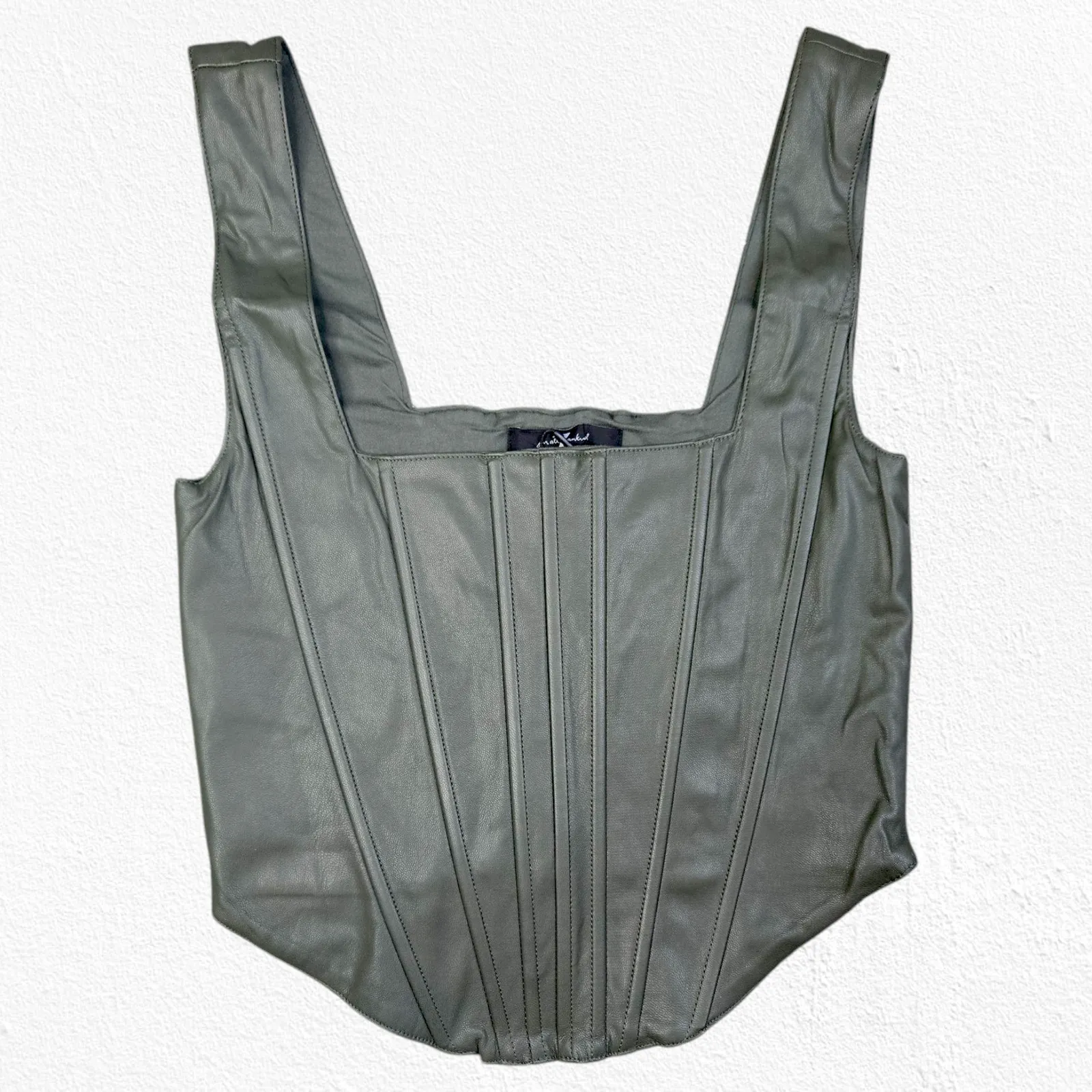 7 for all Mankind Olive Green Faux Leather Wide Tank Top Corset Crop Top Size XS - Image 2