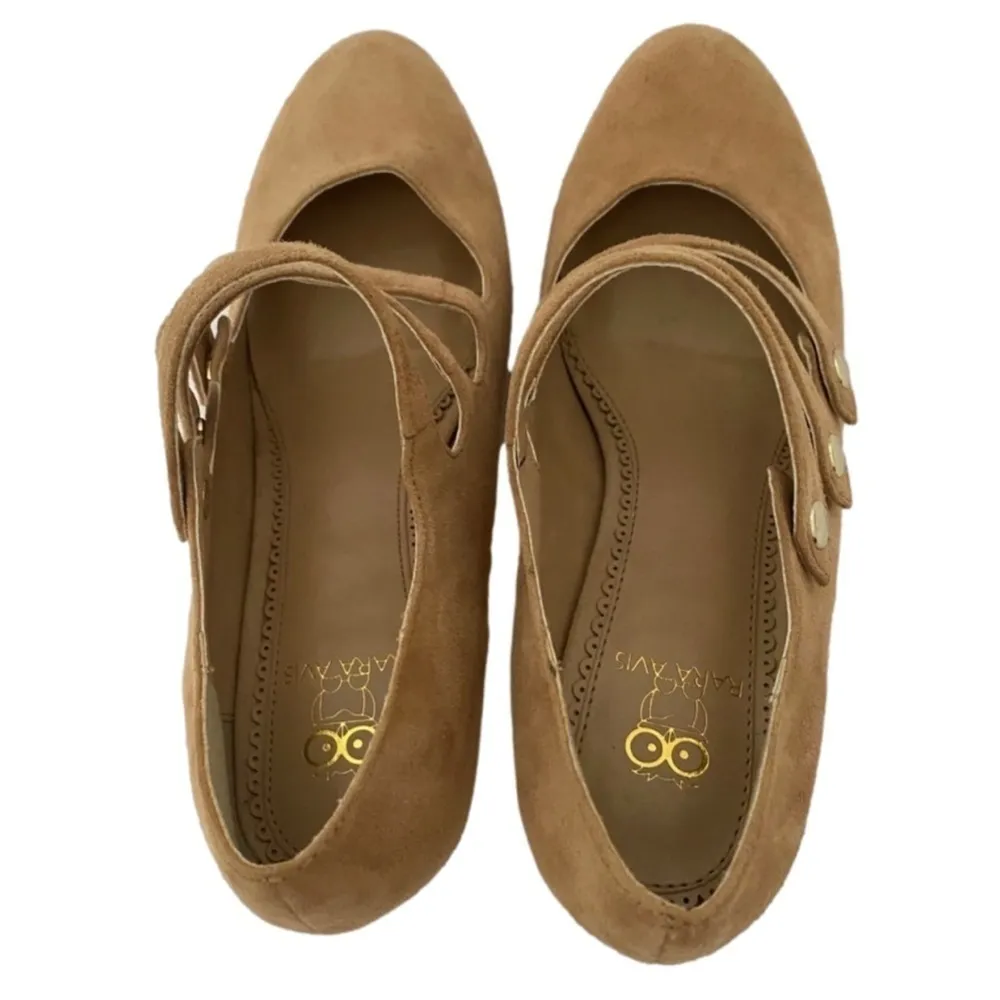 Anthropology Rara Avis Suede Camel Heel Rockabilly Twee Mary Janes Gold Sz. 7W Tan - Image 2