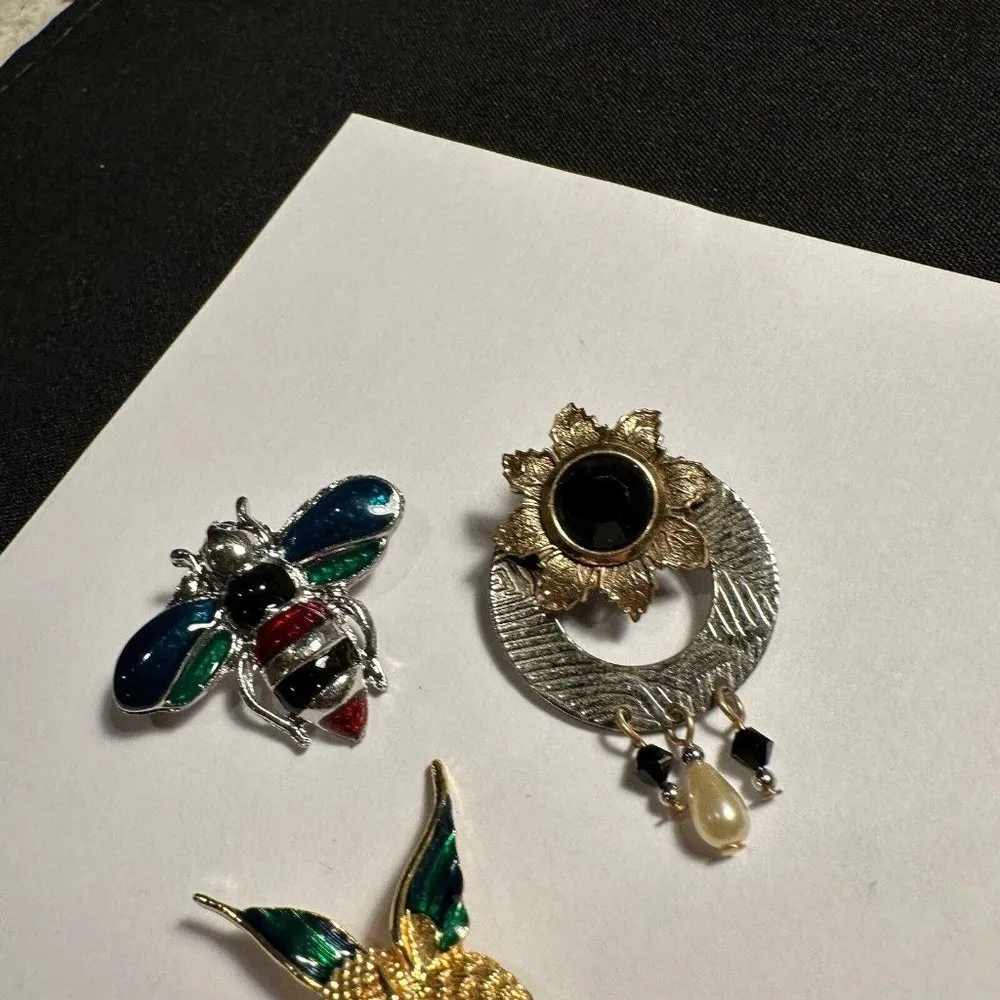 Lot Of 3 Rhinestone Brooch Pins Hummingbird Bird, Flower & Bug - Image 5