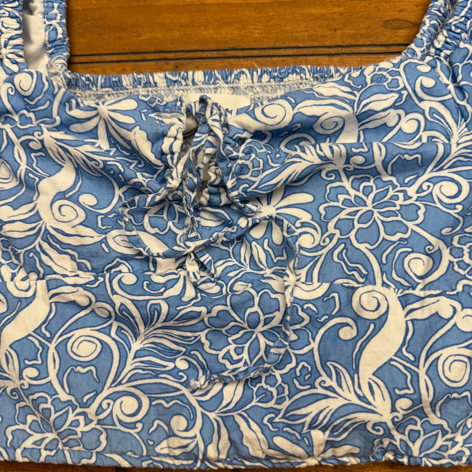 Japna Blue White Floral Puff Sleeve Smocked‎ Crop Top Square Neck Tie Front S - Image 2