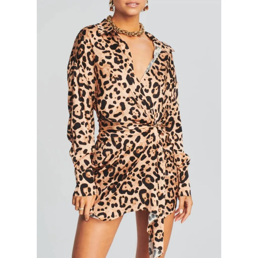 NEW SER.O.YA Demi Silk Leopard Shirt Dress Long Sleeve Wrap Small $495 Black - Image 3