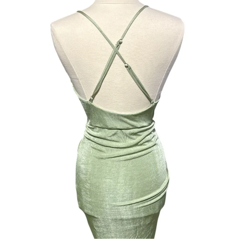 Mable Sage Green Strappy Ruched Midi‎ Dress Small Crisscross Draped Front - Image 9