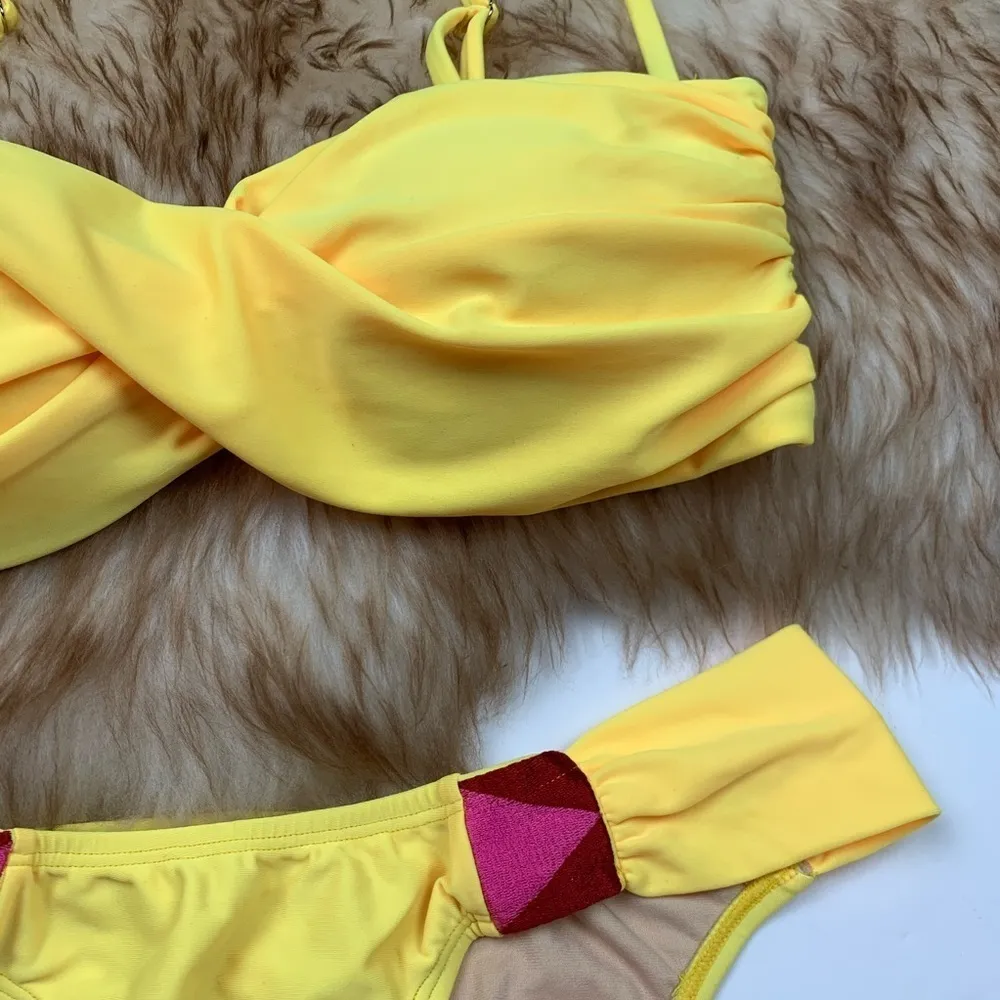6 Shore Road Yellow Bikini Pink Embroidered Swim S Swimsuit Resort Summer Bright - Image 2
