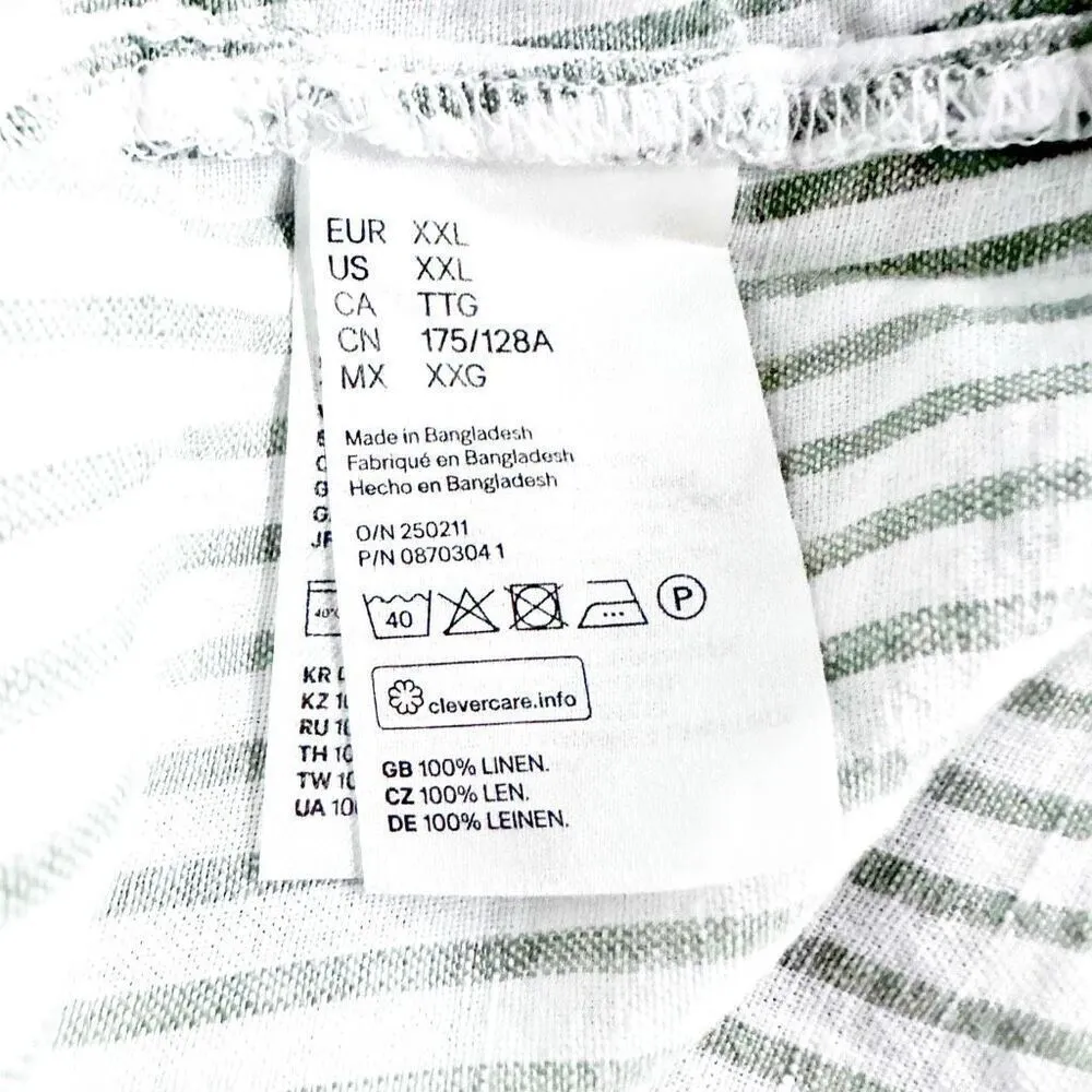 H&M | White Khaki Green Stripe Tie Waist Linen Blouse Top Button Down | Size XXL - Image 8