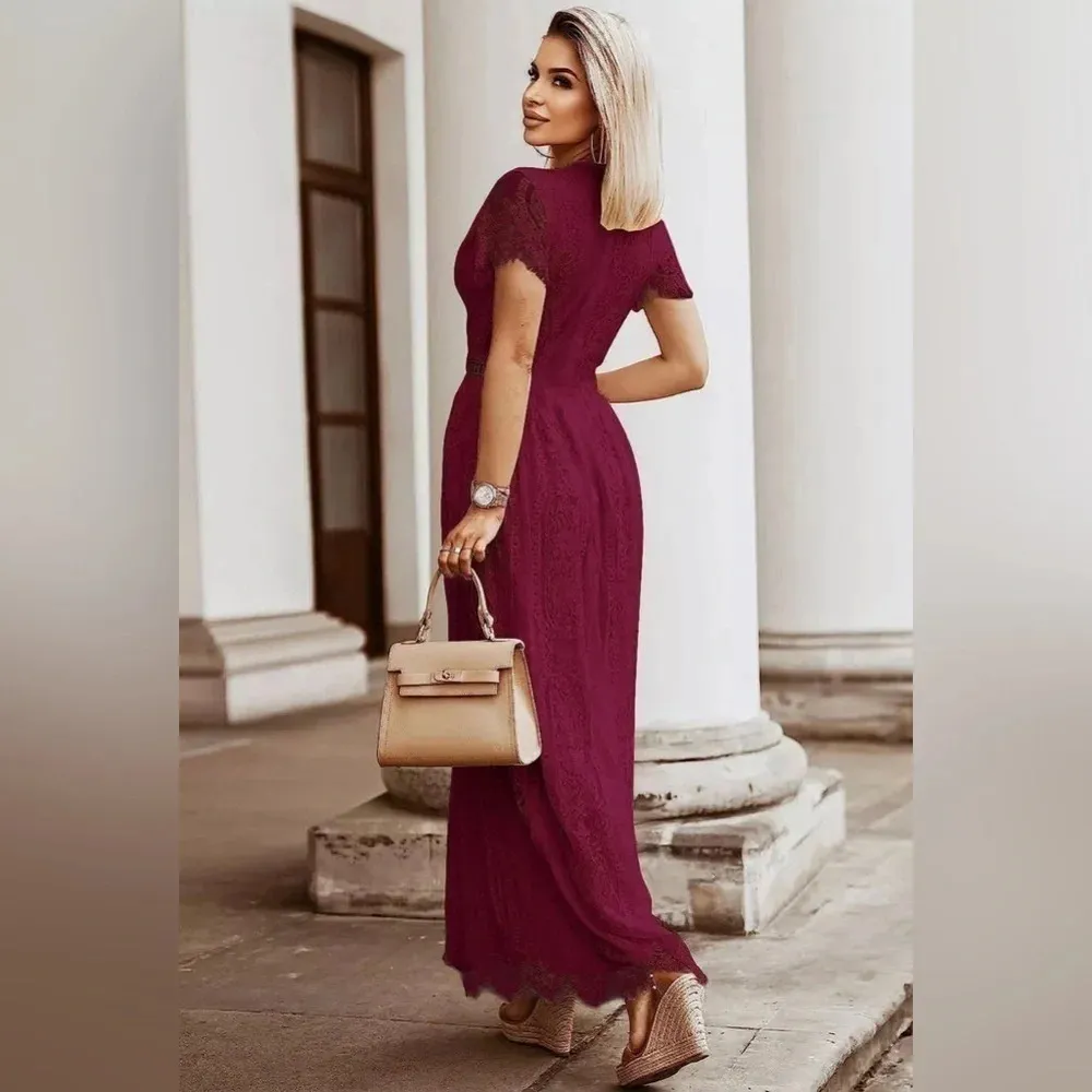 MEROKEETY V Neck Lace Wine ColorWedding Dress Bridesmaid Cocktail Maxi Dress - Image 5