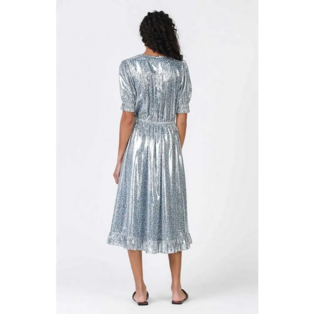 💕CURRENT AIR💕 Metallic Shine Midi Dress Shiny Blue Leopard Print Medium M NWT - Image 4