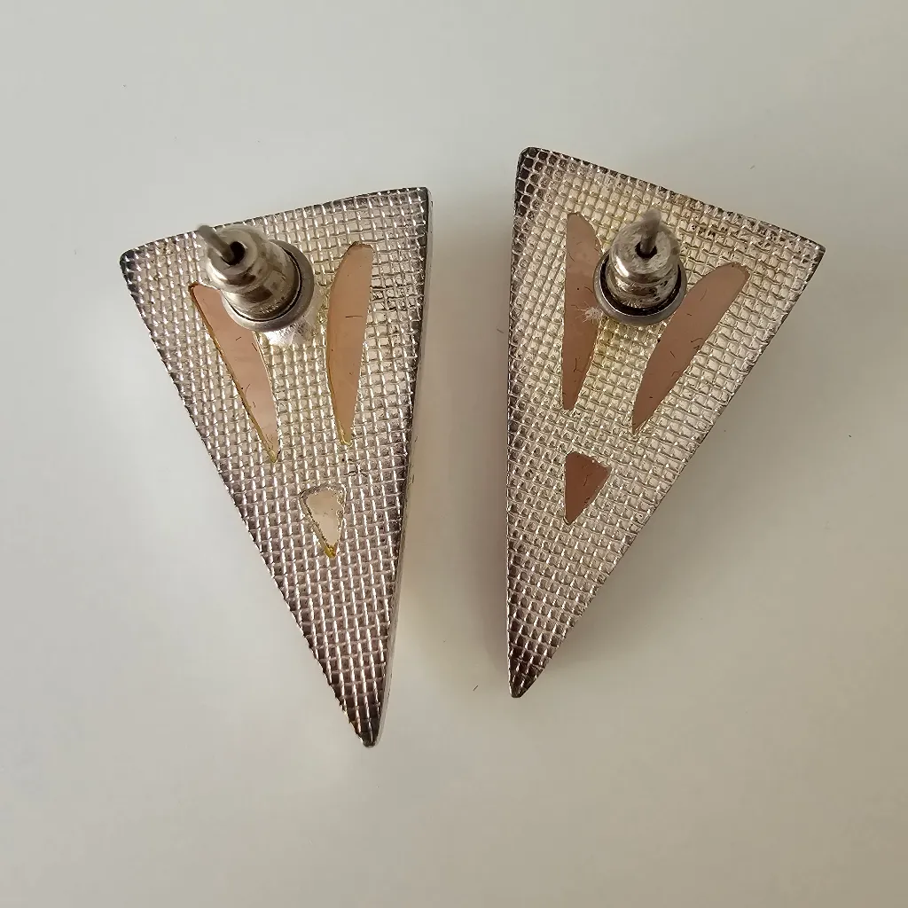 Maximalist Rose Quartz Triangle Silver Tone Metal Vintage Statement Earrings Pink - Image 8