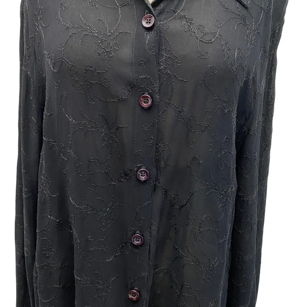 Carole Little Vintage Black Mesh Lace Floral Embroidered Button Down - Image 3