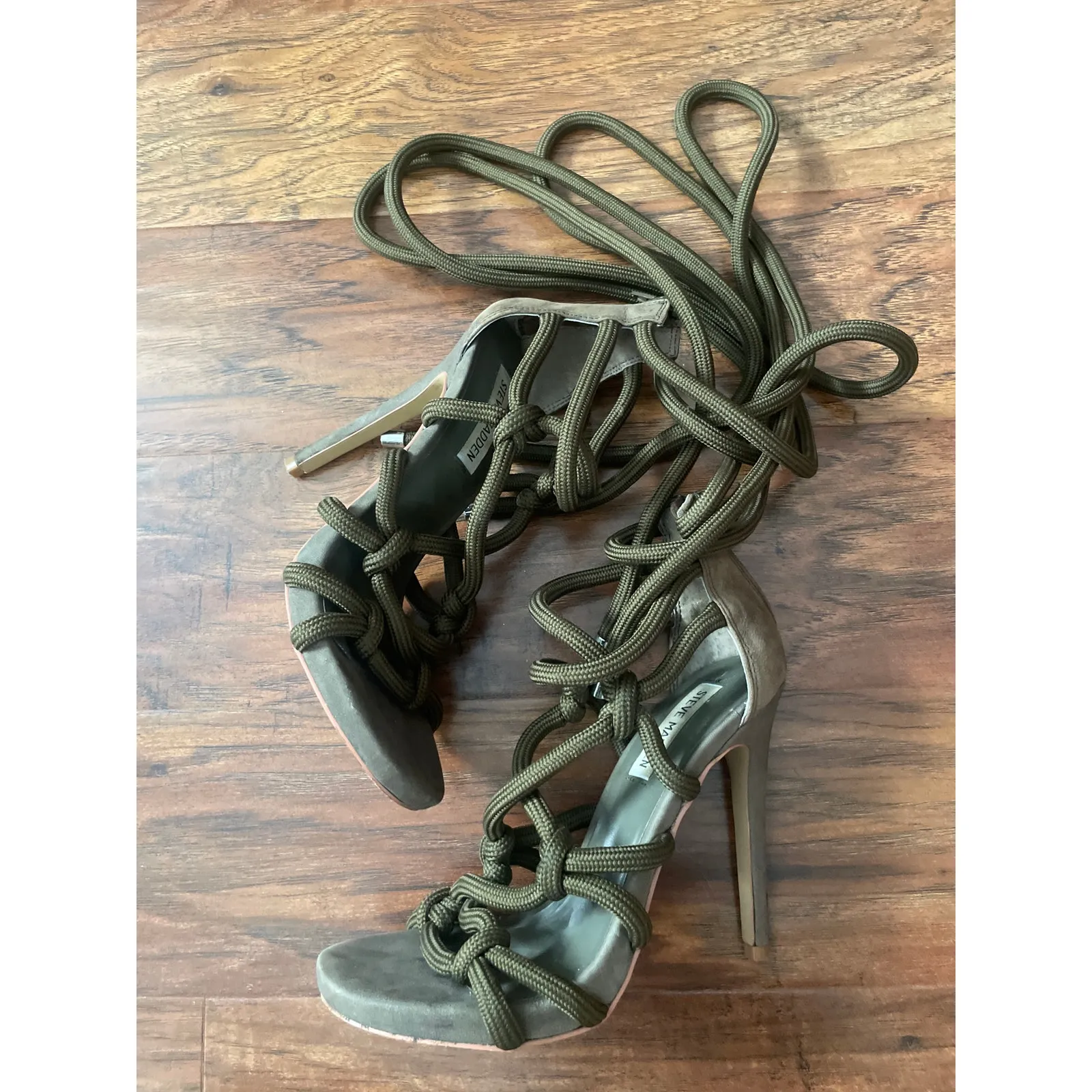 STEVE MADDEN Dancin' Rope Heels Olive Strappy Wrap Tie Size 7 Shoes Sandals - Image 5
