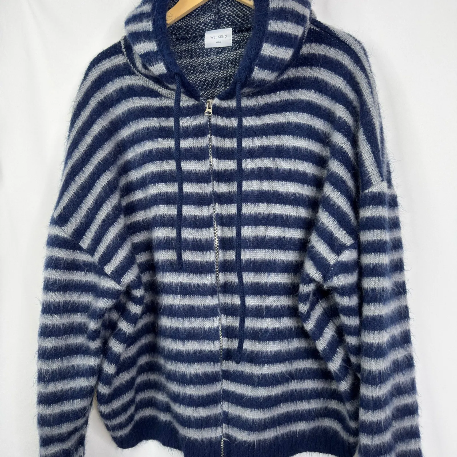 WEEKEND SEOUL Unisex Striped Fuzzy Knit Full Zip Hoodie Oversized Blue Size XL - Image 6