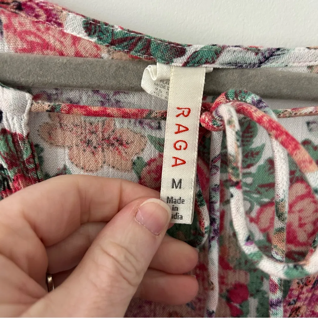 RAGA Pink Red Rose Floral Long Sleeve Tie Neck Boho Maxi Flowy Dress M - Image 5