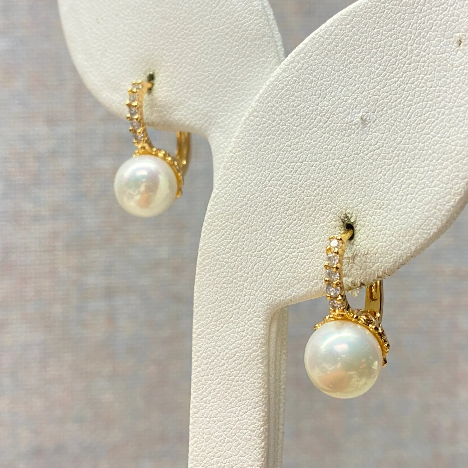 Gold Plated Faux Pearl Accents Leverback Drop Earrings Elegant Gift White - Image 3