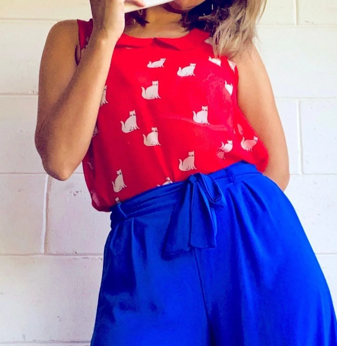 Colin’s cat printed red blouse - Image 2