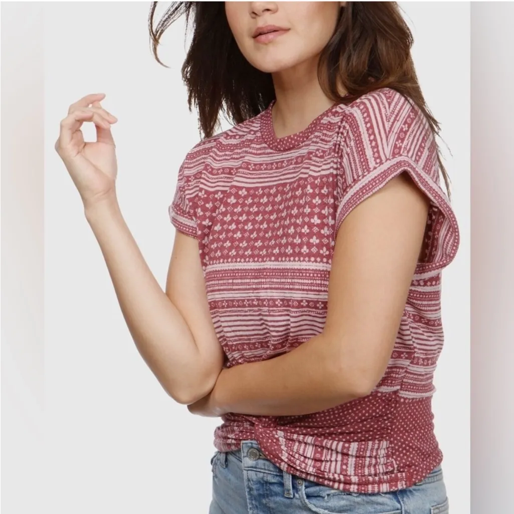Lucky Brand Twist Hem Stripe Geometric T Shirt Top Earth Faded Red Tee Medium - Image 3
