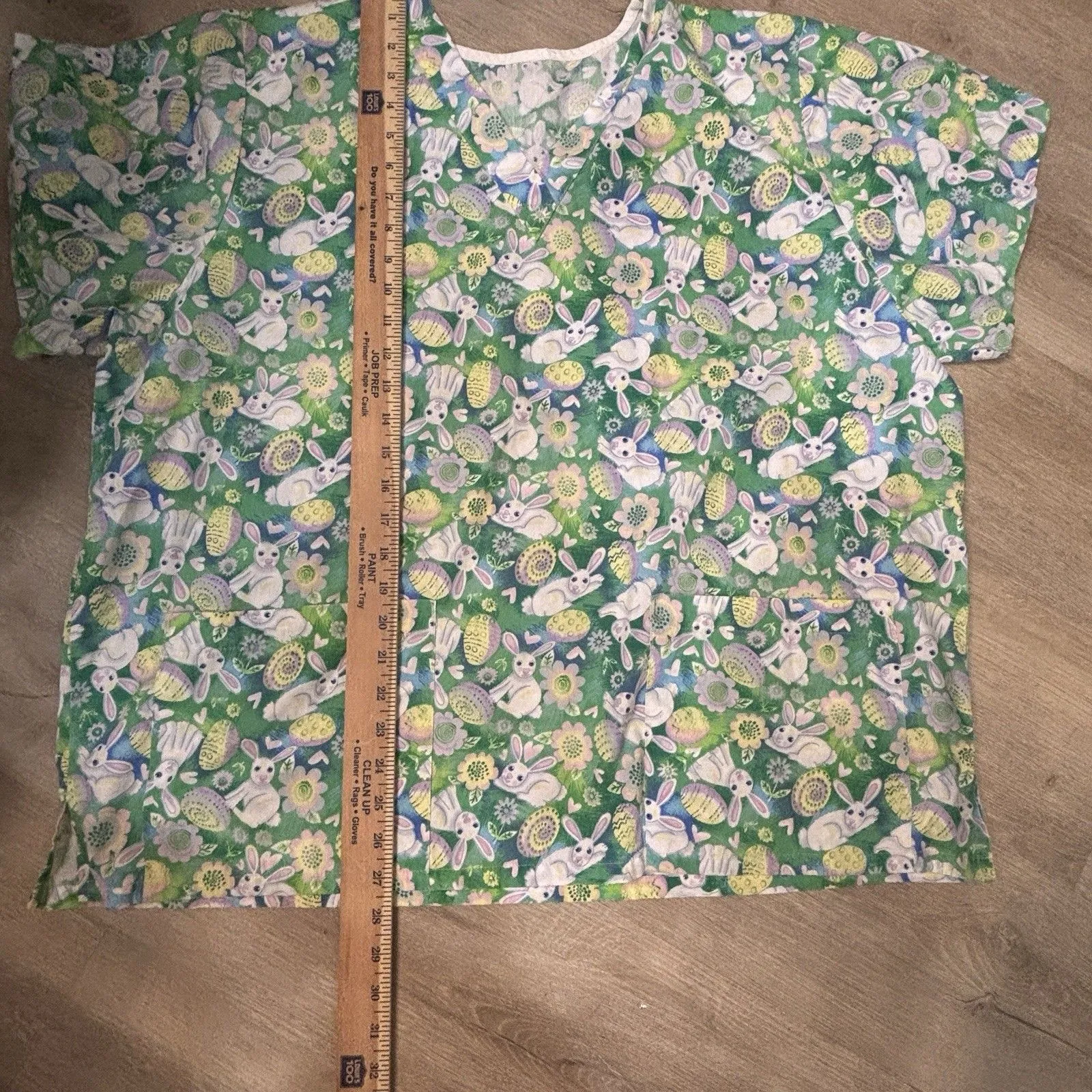 Easter Bunny Scrub Top VNeck Short Sleeve Medical Uniform Pockets Green XL 27x26 - Image 7