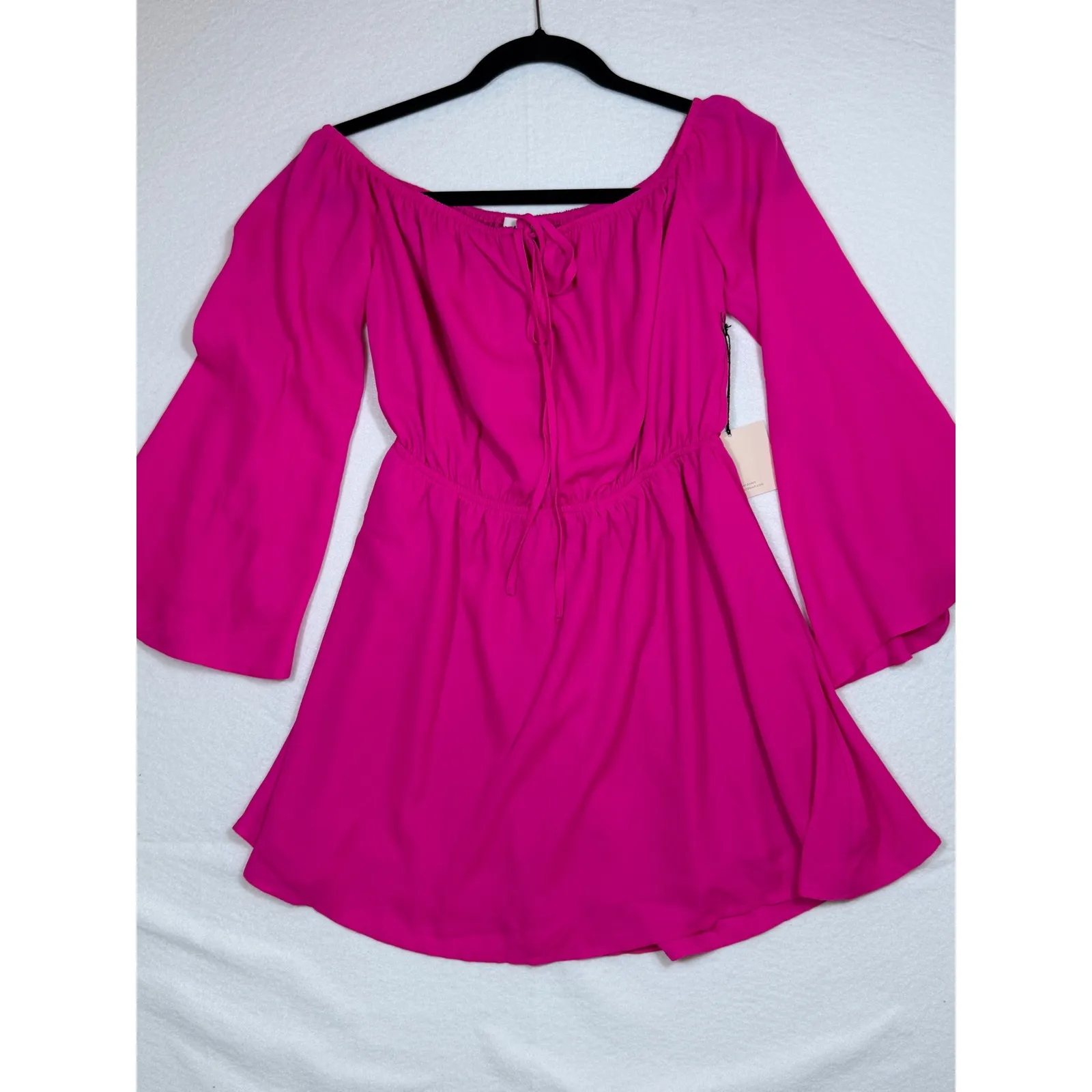 Superdown Hot Pink Jazzie Off Shoulder Bell Sleeve Smocked Waist Mini Dress XS - Image 2