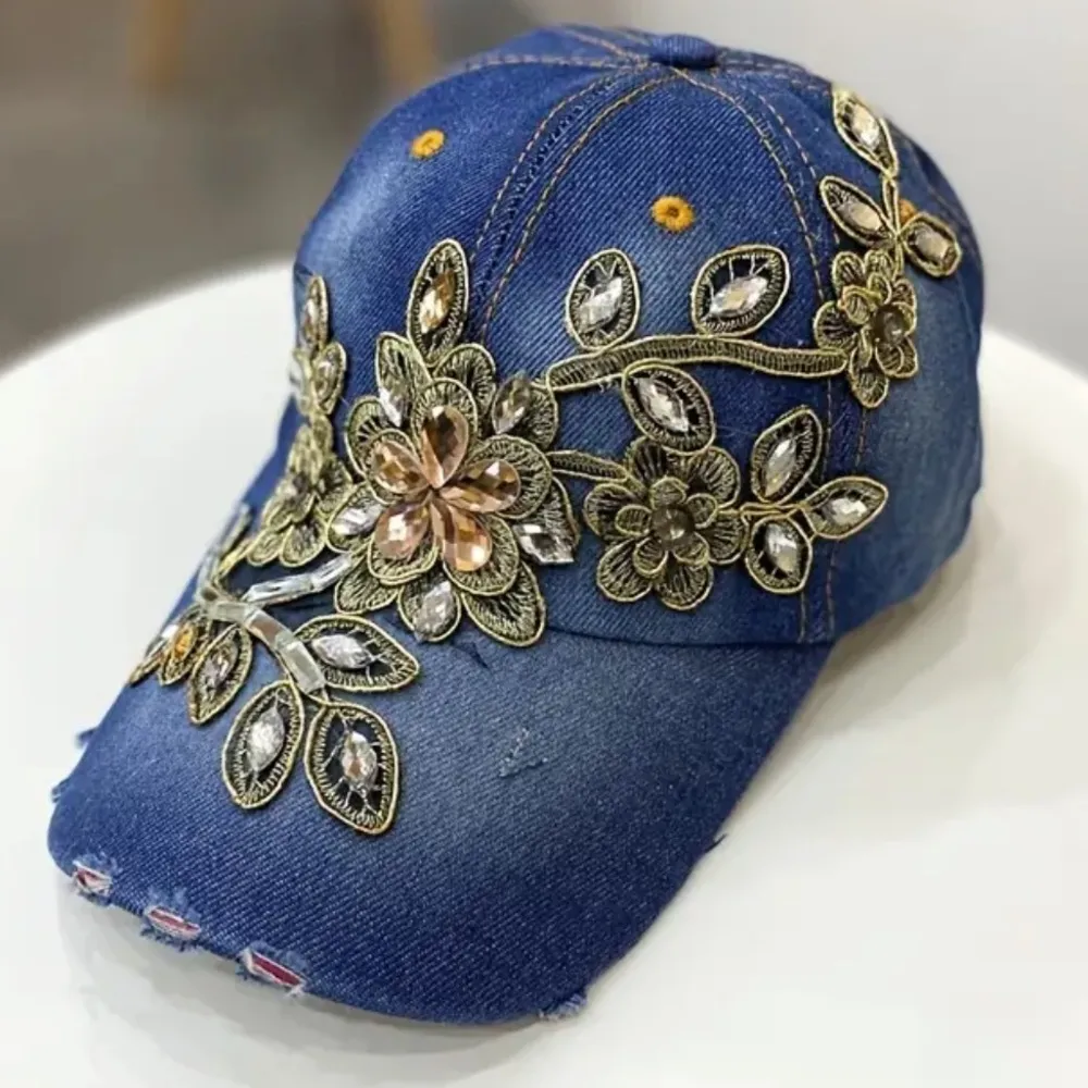 Denim Rhinestone Flower Cap Blue - Image 7