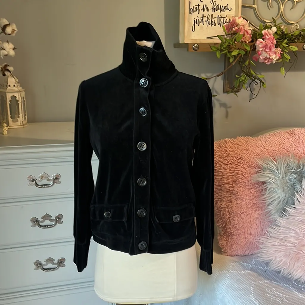 Jones New York Signature Petite Sweater Black Velour Button Down Front Womens PM - Image 9
