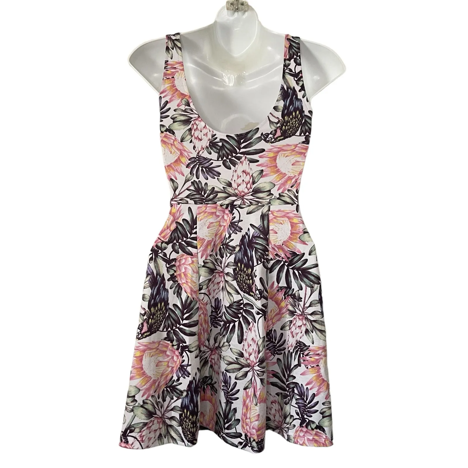 H&M Divided  Floral Skater Dress Sleeveless Scoop Neck Pink Multicolor Size 2 - Image 2