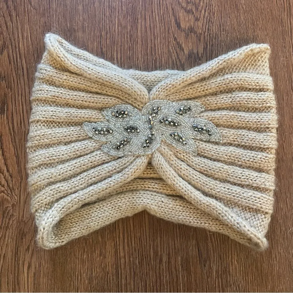 CHARMING CHARLIE Beige Knitted Headband with Beaded Leaf Design - Image 2