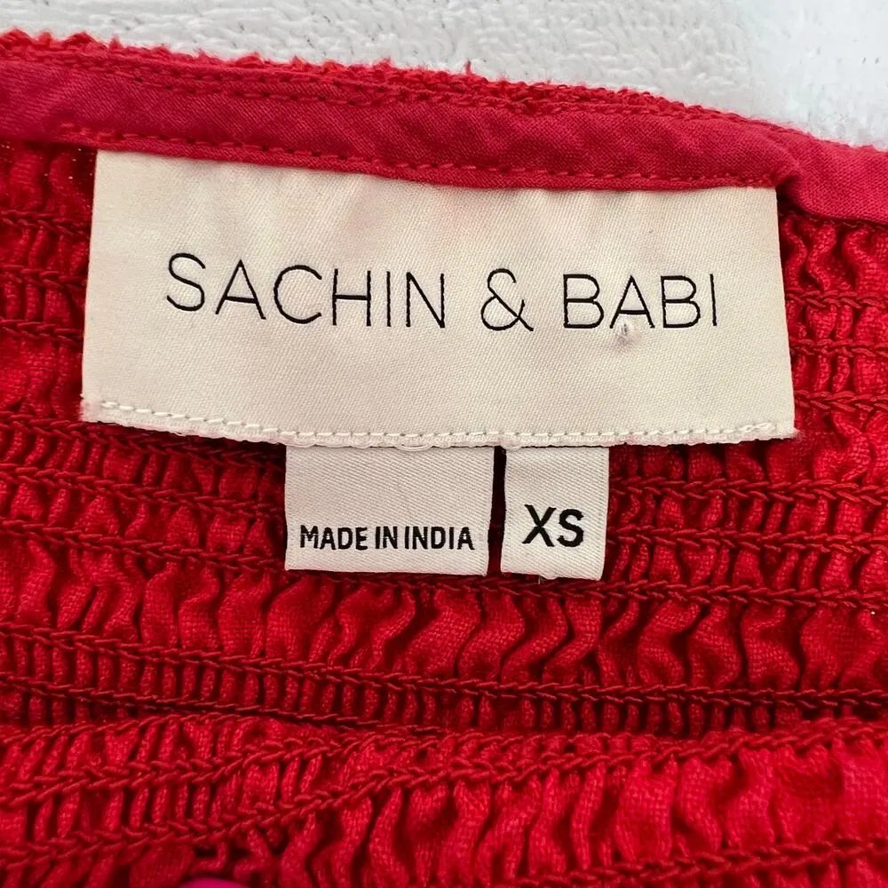 Sachin & Babi Lola Smocked Tiered Mini Dress Red Square Neck Puffed Sleeves XS - Image 6