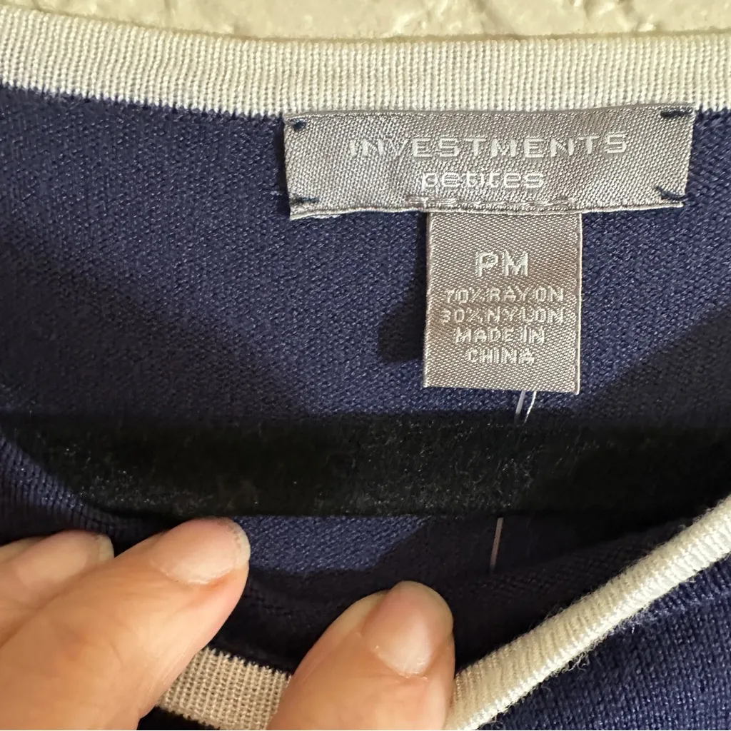 Investments‎ Petites Navy Blue White Trim Crewneck 3/4 Sleeve PM NWT Sweater - Image 9