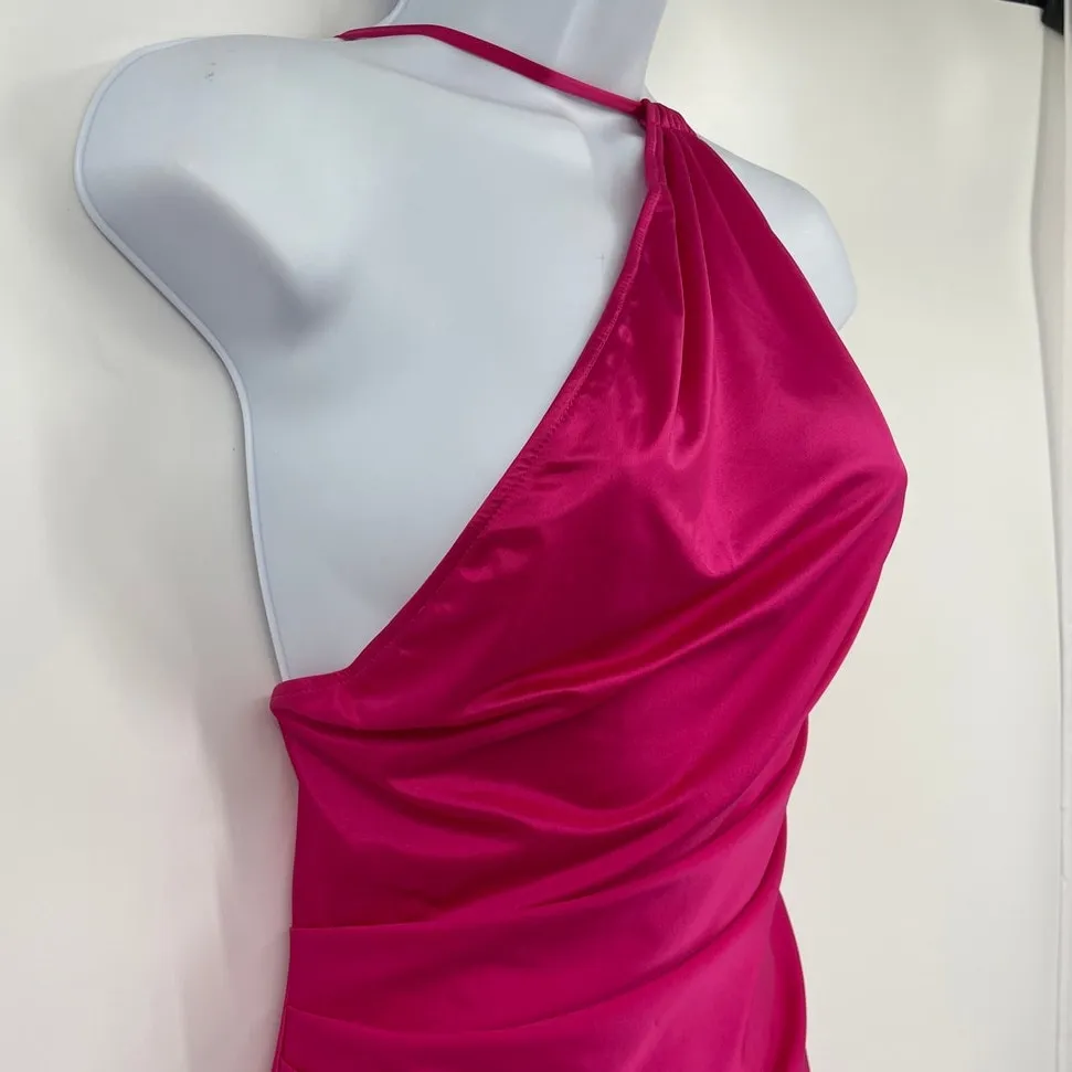Y2K Satin Assymetric Halter Evening Dress Sz S Ruched Drape Maxi Coquette Prom - Image 3