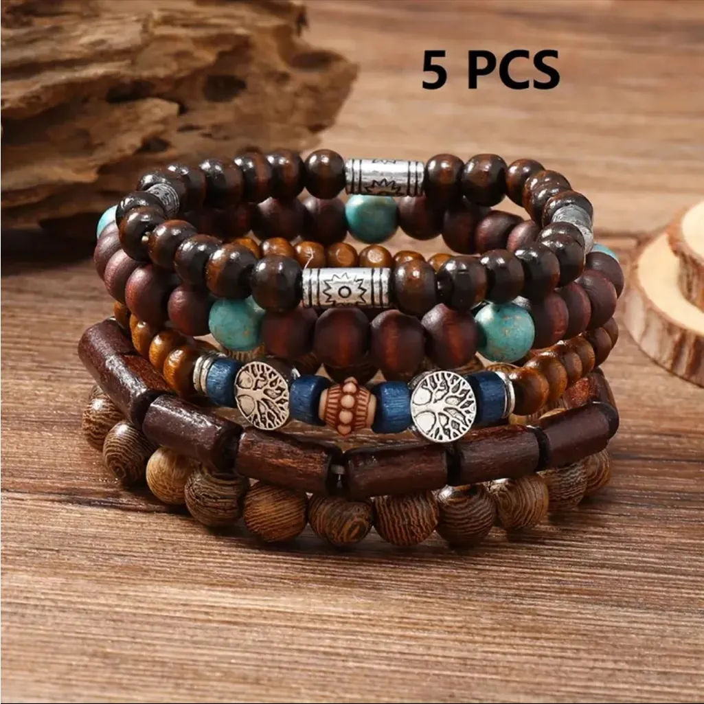 5 Pcs/Set Simple‎ Fashion Elastic Wooden Bead Couple Bracelet Brown - Image 2