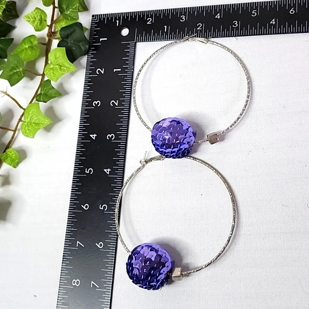 Large Silver Statement Hoop Earrings with Lavender Purple Sequin Disco Ball… - Image 6