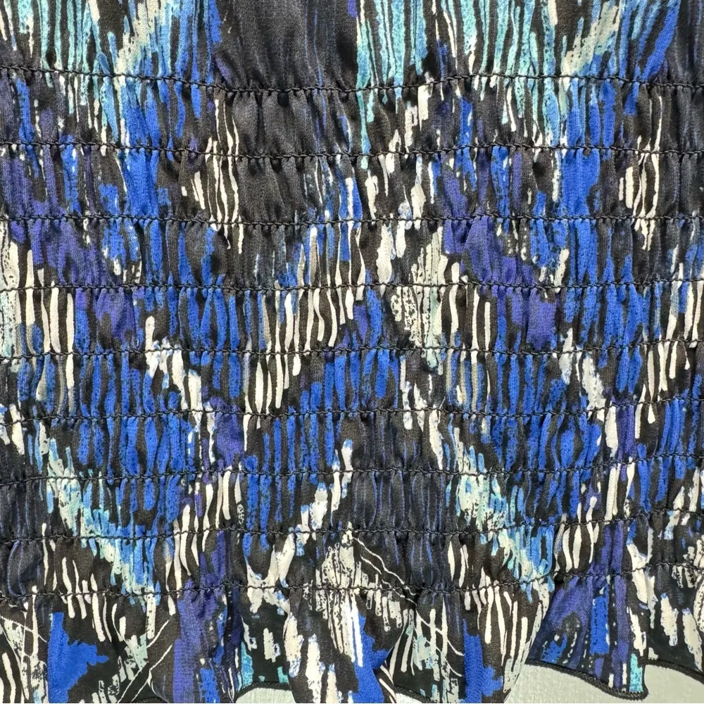 Aztec Ikat Print Ruched Smocked Waist Flutter Sleeve Ruffle Blouse by Cocomo Blue Size L - Image 4